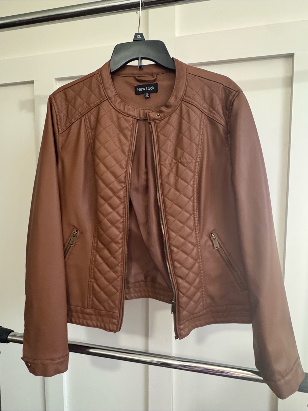 New Look Quilted Faux Leather Jacket in Cognac Brown